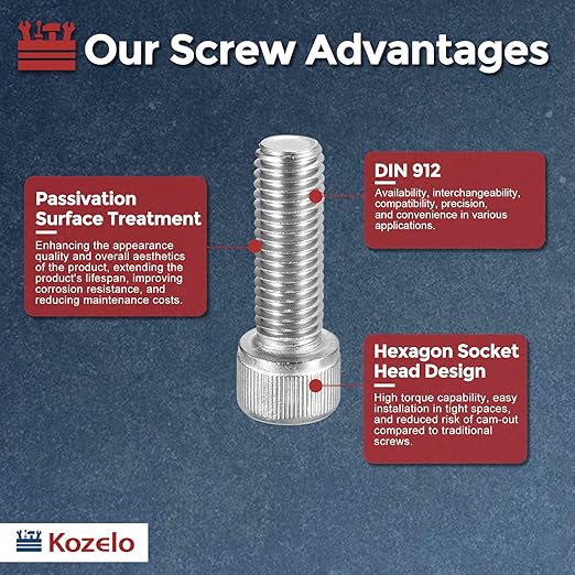 Kozelo 6pcs Socket Head Cap Screws - [M12-1.75 x 40mm] 304 Stainless Steel Allen Socket Drive for Electrical Motor 3D Printing Fan Engine Replacement Use, Silver
