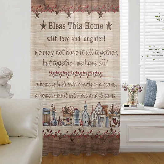 Farmhouse Sheer Curtains 63 Inch Length Brown Country Star Berry Vintage Wood by Unknown