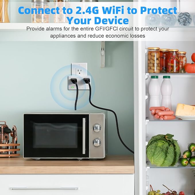 Freezer Alarm Wireless WiFi Alert 2.4GHz,Power Failure Alarm with 2 Socket, 110dB Power Loss Alert with LED Indicator,Blackout Alert for GFCI Trips,Refrigerator,Freeze,Compatible with Smart Life