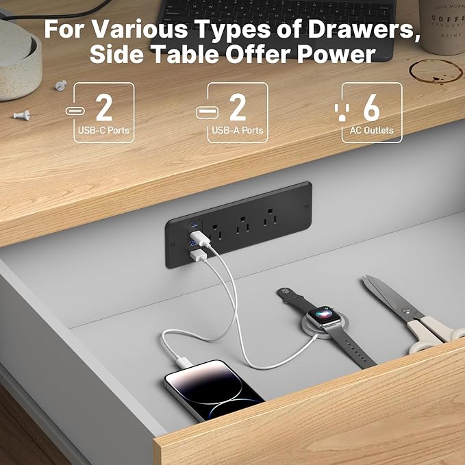CCCEI 6 Outlets Dual Side Recessed Power Strip with 45W USB C Port, Furniture Flush Mount, Under Desk, Desk Top Multiple Outlet, Hidden Charging Station for Conference Table, Nightstand, Black. 10FT.