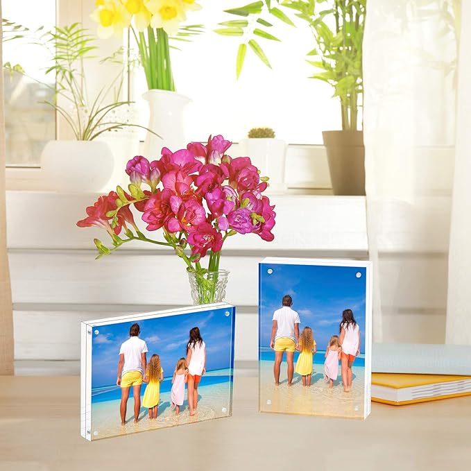 Meetu Acrylic Picture Frame 8.5x11,Clear Freestanding Double Sided 24mm Thickness Frameless Magnetic Photo Frames Desktop Display with Gift Box Package (2 Pack)