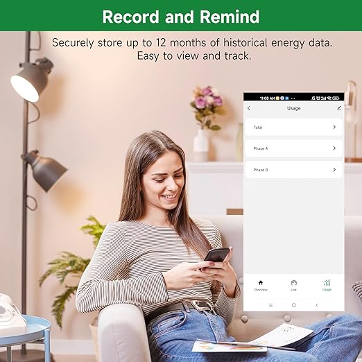 WiFi Energy Monitor with 2 * 200A Clamps, Real-Time Electricity Tracking, Smart Home Power Management, WiFi Meter Solar/Net Metering, Home Energy Automation and Control