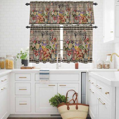 Kitchen Curtains Tiers and Valance Set of 3, Spring Flowers Light Filtering - Image 3
