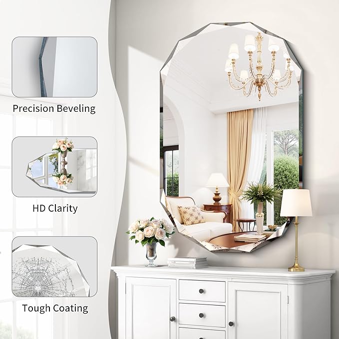 GLASHOM Beveled Edge Frameless Bathroom Mirror, Oval Wall Mirror for Over Sink, 28" x 48" Modern Decorative Vanity Mirror for Bedroom, Living Room, Entryway, Hanging Mirror Horizontal or Vertical