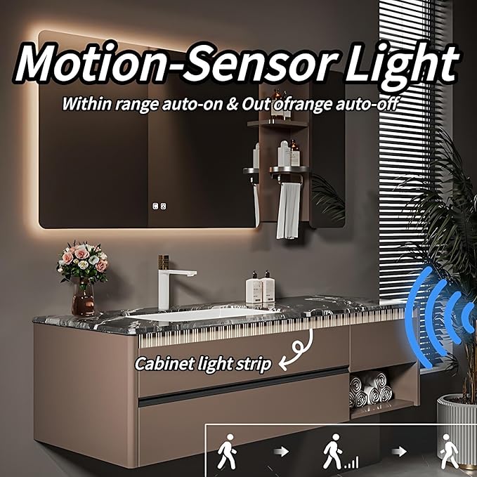 Modern Bathroom Vanity - Spacious Deep Sink | Defogging LED Mirror & Human Body Sensor Light, Open Side Panel, Floating Smart Bathroom Vanities (96IN)