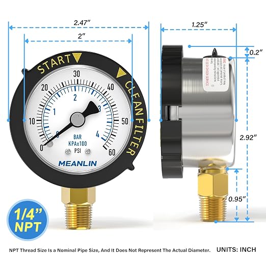 MEANLIN MEASURE 0~60Psi Stainless Steel Start and Clean Filter Pressure Gauge - Image 2