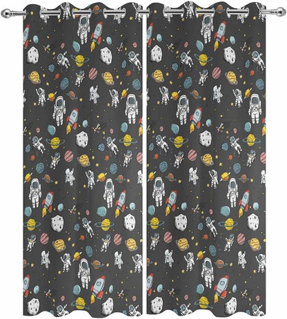 Cartoon Space Outdoor Curtains for Patio Rockets Planets Astronauts Gray - Image 9