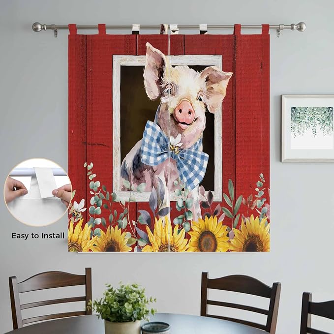 Pig Sunflowers Bathroom Curtains 63 Inch Length, Window Curtains Tab Top - Image 4
