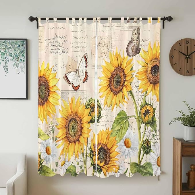 Yellow Sunflowers Living Room Curtains 96 Inch Length, Window Curtains Tab Top - Image 2
