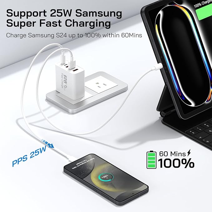3Pack USB C Fast Charger Block, Total 60W 5-Port USB C Wall Charger 30W Type C Charging Block, 2USB C+3USB A PD 3.0 Multiport Charging Cube for iPhone 17 16 15 14 Pro Max, G-alaxy S25 S24 Ultra, i Pad