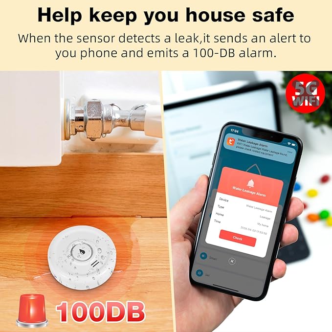 Douevo 5 Pack WiFi Water Leak Sensor, 100 dB Water Alarm Leak Detector, for Home, Basement, Bathroom, Kitchen(5 Pack)