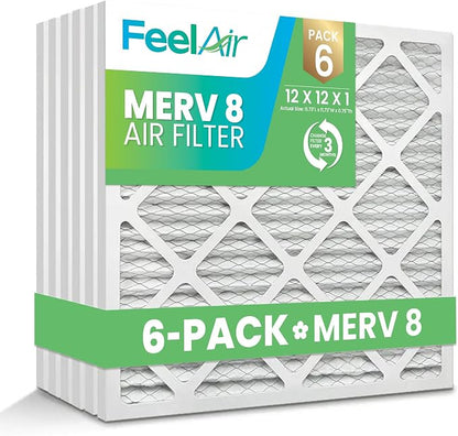 12x12x1 Air Filter, MERV 8, 6 Pack – Premium Pleated HVAC & Furnace Filter by Feelair