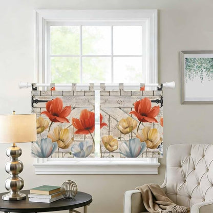 Retro Floral Kitchen Curtains 24 Inch Length, Small Window Curtains Tab Top - Image 2