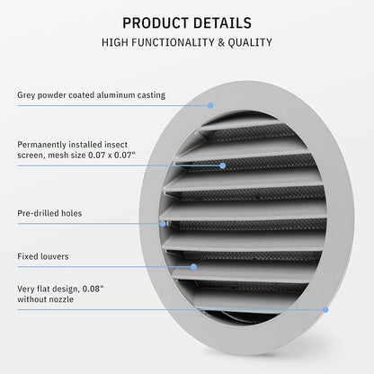 calimaero® WSGG 5" Inch Gray Round Metal Air Vent Grill Cover Flat Louver - Image 4