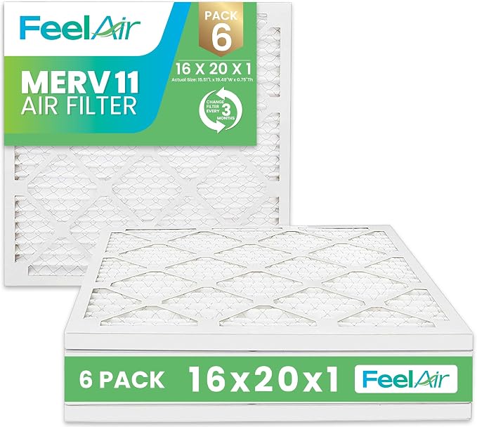 16x20x1 Air Filter – 6 Pack, MERV 11 Pleated HVAC & Furnace Filter, by Feelair