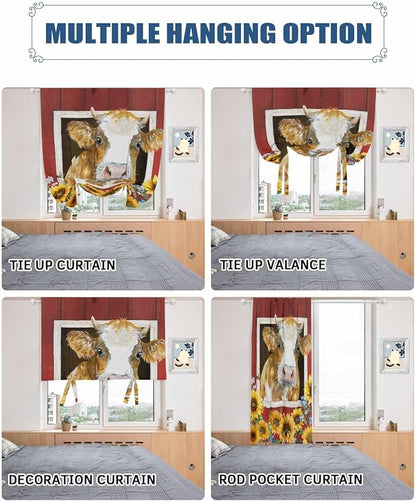 Tie Up Curtains for Windows, Cows Sunflowers Adjustable Balloon Nature Linen - Image 5