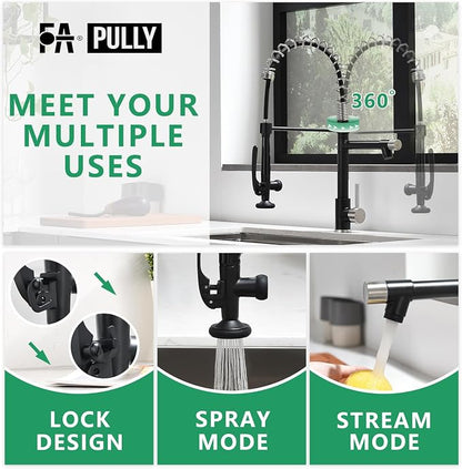 Pull Down Kitchen Faucet with Sprayer, Fapully Commercial Matte Black&Brushed - Image 4