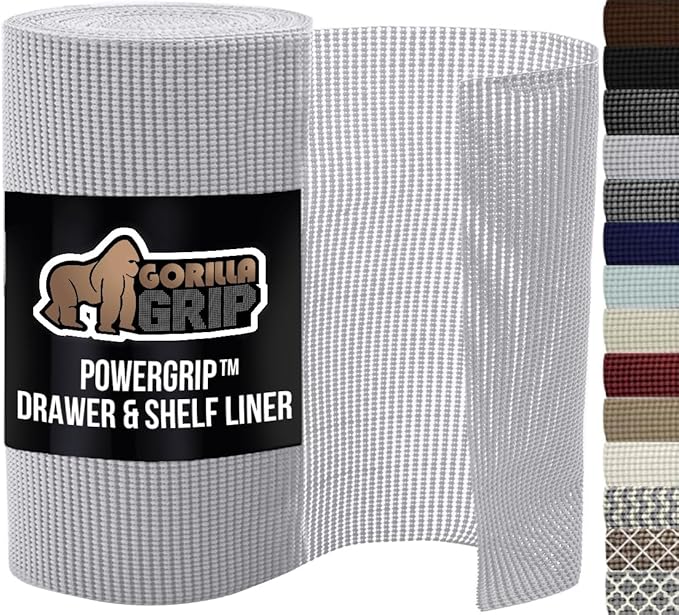 GORILLA GRIP powerGRIP Drawer Shelf and Cabinet Liner, Thick Strong Hold, Non-Adhesive Liners Protect Kitchen Cabinets and Cupboard, Bathroom Drawers, Easy Install, Breathable Mat, 12" x20' Light Gray