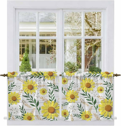 Yellow Daisy Tier Curtains, Farmhouse Country Flower Leaf Plant Wood Grain by Unknown