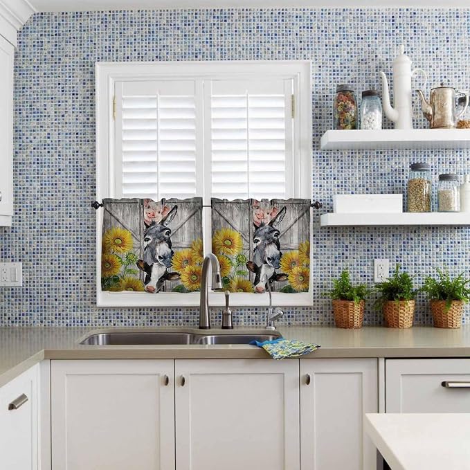 Farmhouse Half Window Curtains 24 Inches Long, Vintage Sunflowers Animals - Image 2