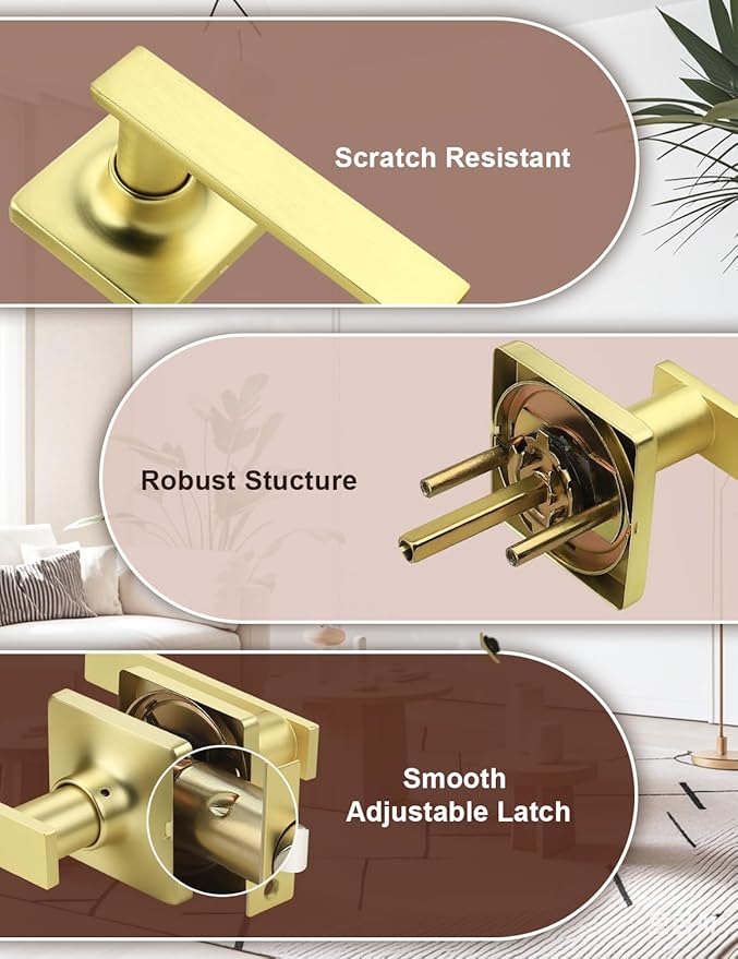 Mengico 2 Pack Passage Door Levers Gold Finish, No-Locking Keyless Square Door Knob, Interior Door Handles for Closet and Hallway, Reversible for Left & Right Handed
