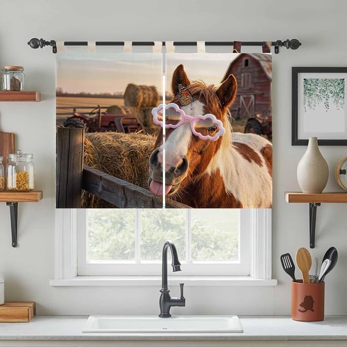 Farm Horses Kitchen Curtains 45 Inch Length, Short Cafe Window Curtains Tab Top - Image 3