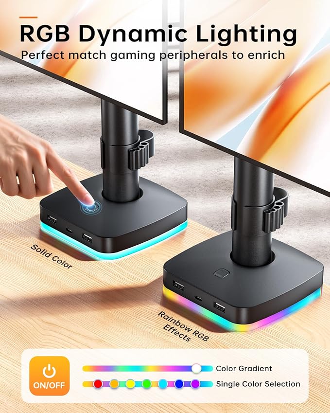 RGB Dual Monitor Desk Mount, Monitor Stand with 3 USB Ports, Charging and USB Data Transfer Function, Adjustable Arms for 13"-27" Monitors up to 17.6lbs, VESA 75x75mm 100x100mm, Ergonomic Design