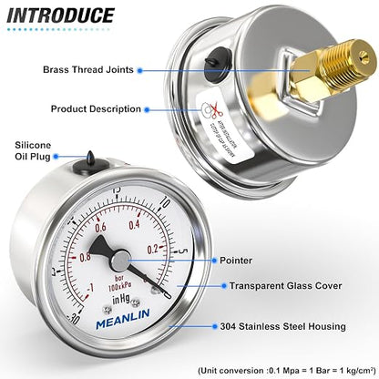 MEANLIN MEASURE -30inHG~0Psi Vacuum Gauge Stainless Steel 1/4" NPT 2" FACE DIAL - Image 4