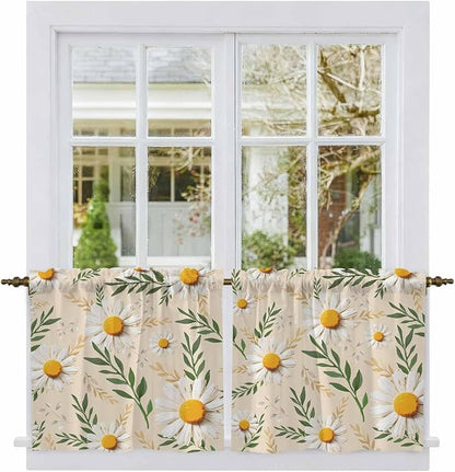 Spring Daisy Tier Curtains, Country Watercolor Flower Leaf Plant Light by Unknown