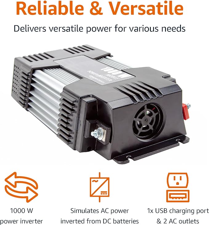 Amazon Basics 1000W Car Power Inverter - 12V to AC 110V, 13.81 x 7.44 x 3.07 inches