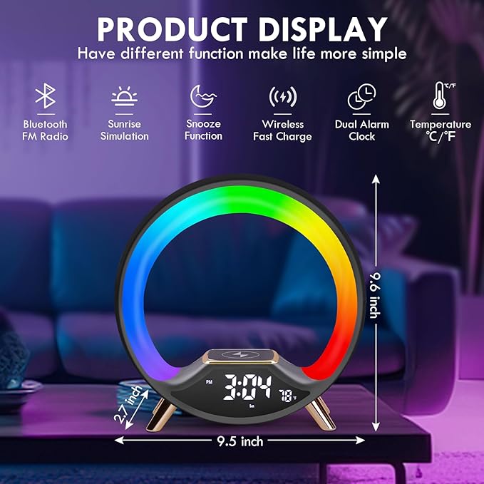 GuDoQi Sunrise Alarm Clock with Fast Wireless Charger Station and Bluetooth, Full Screen with Sunrise Simulation Light, Sleep Aid, Dual Alarms, FM Radio, 10 Colors Nightlight for Bedroom, Black