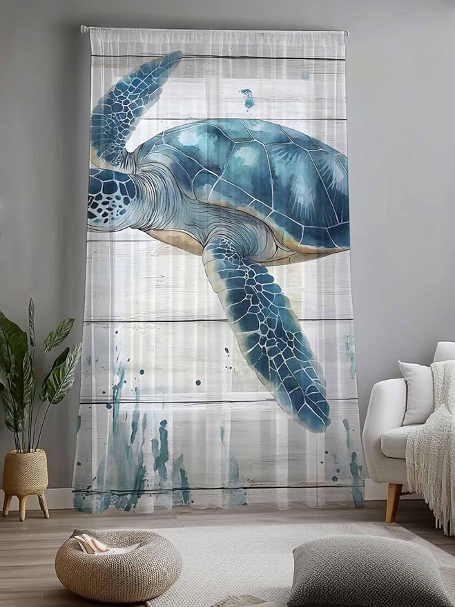 Sheer Curtains 96 Inches Long, Teal Green Ocean Turtle Semi Sheer Curtains - Image 2