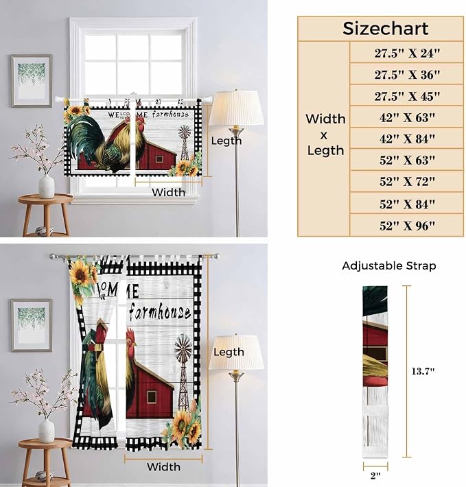Farmhouse Rooster Bedroom Curtains 72 Inch Length, Window Curtains Tab Top - Image 8