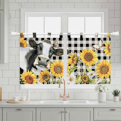Retro Sunflowers Kitchen Curtains 24 Inch Length, Small Window Curtains Tab Top - Image 3