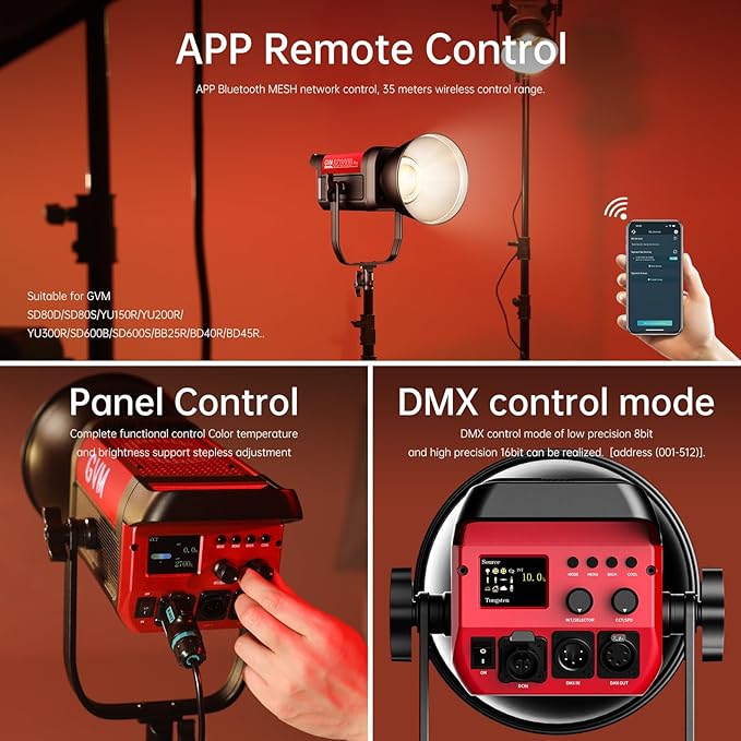 GVM Photography Lighting 300W Bi-Color Studio Lights with 45°Standard Reflector 65700Lux@1m CCT 2700~6800K 12Lighting Scenes App Control LED Video Light