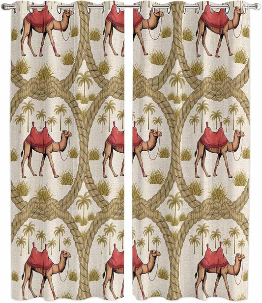 2 Panel Kitchen Cafe Curtains, Camels Palm Trees Sunlight Filtering Nature Air by Hokiten