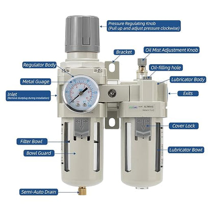 3/8" NPT Compressed Air Filter Regulator Lubricator Combination, Water/Oil Trap - Image 2