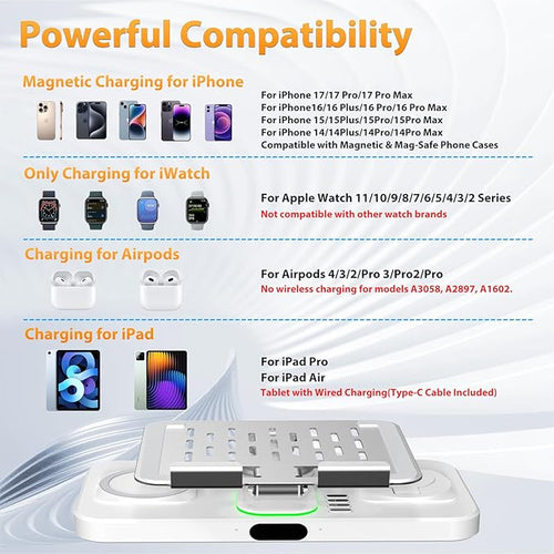 30W Charging Station for Apple Products, Foldable Wireless Charger with Clock Display&7 Color Light, Wired Charging for iPad/Tablet Charging Station for iPhone16, for Apple Watch10 for AirPods4(Cream
