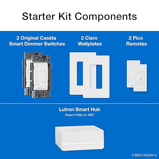 Lutron Caseta Original Smart Dimmer Switch Kit, 2 Dimmer Switches, 2 Wall Plates, 2 Pico Remotes, and Smart Hub, Works with Alexa, Apple Home, Google Home, 3 Way, 150W, No Neutral, P-BDG-PKG2W-A