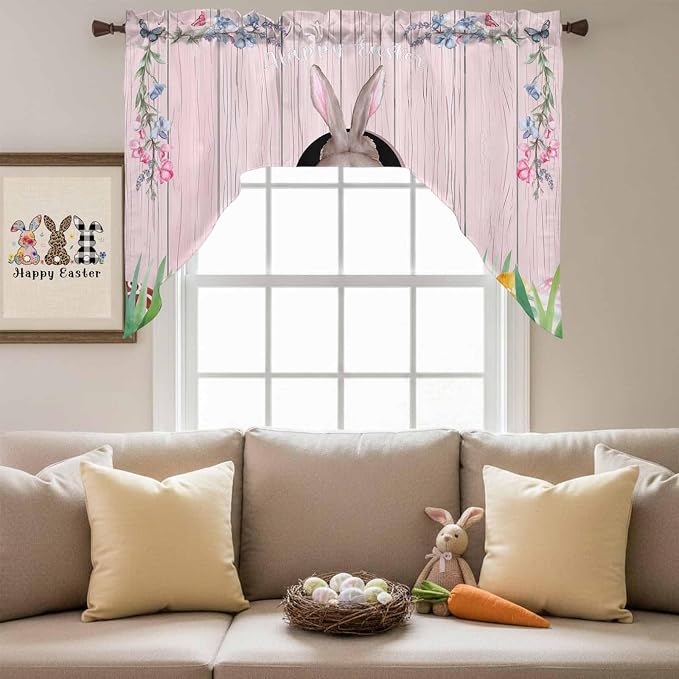 Swag Valance Curtains, Easter Cute Rabbit and Colorful Eggs Rod Pocket Valances - Image 4