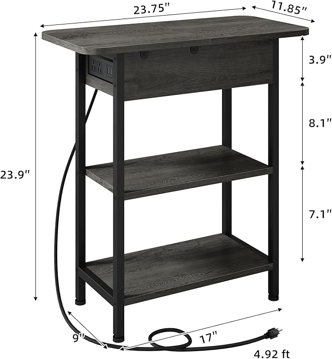 LIDYUK End Table with Charging Station, Flip Top Narrow Side Table for Small Spaces, Nightstands Set of 2 for Bedroom, End Tables Living Room Set of 2 with Storage Shelf, Dark Grey