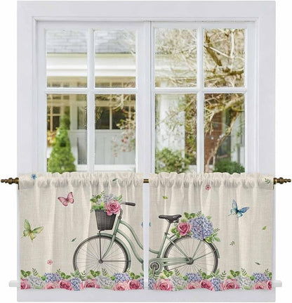 Farmhouse Spring Tier Curtains, Retro Bicycles Flowers Vines Butterfly Light by Unknown