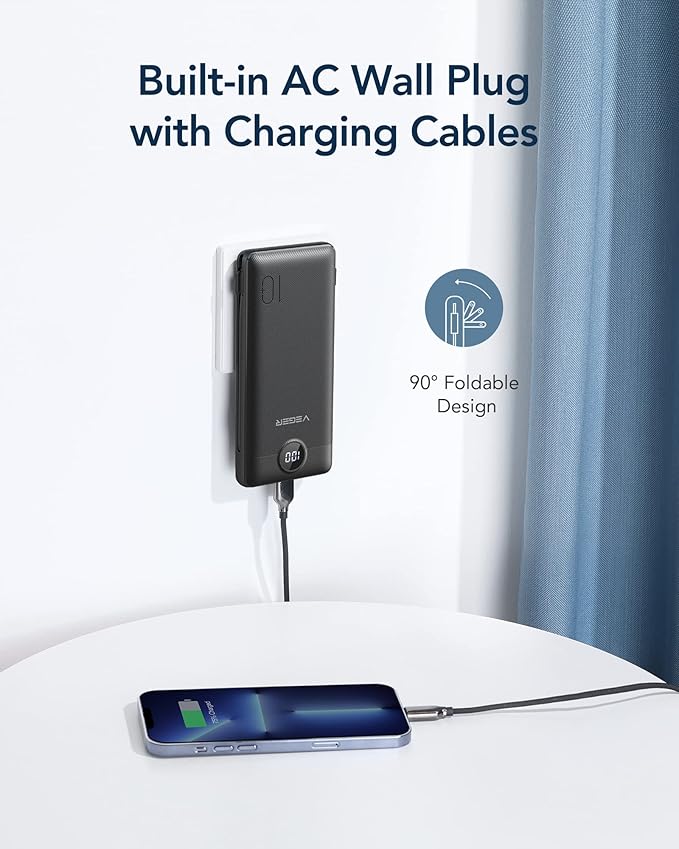 VEGER Portable Charger for iPhone Built in Cables and Wall Plug, 10000mah Slim Fast Charging USB C Power Bank, Travel Essential Battery Pack Compatible with iPhones, iPad, Samsung More Devices(Black)
