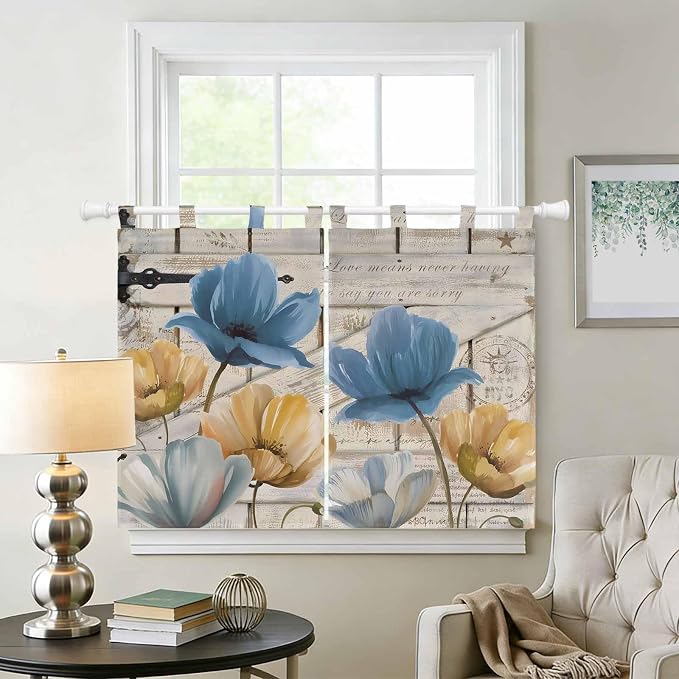 Blue Yellow Tulips Bedroom Curtains 63 Inch Length, Window Curtains Tab Top - Image 2