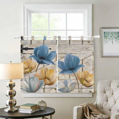 Blue Yellow Tulips Kitchen Curtains 45 Inch Length, Short Cafe Window Curtains - Image 2