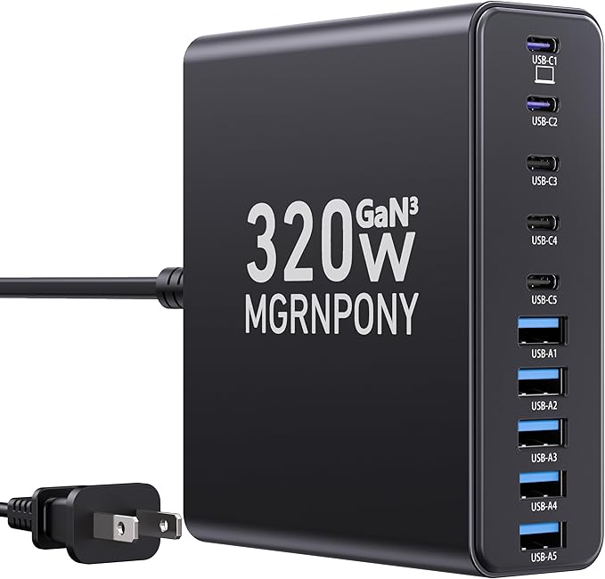 320W USB C Charger Block, 10-Port USB C Charging Station GaN III PD 65W Laptop Fast Charger Adapter for MacBook Pro/Air, DELL, iPad, iPhone, Samsung Galaxy Black