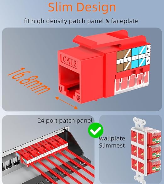 Rapink RJ45 Keystone Jack Cat6 10G Support, Cat6 Keystone Jacks UTP 10 Pack for Wall Plate and Patch Panel, Rj45 Keystone 90 Degree Red Color for Cat 6, Cat5e, Cat5 Cabling