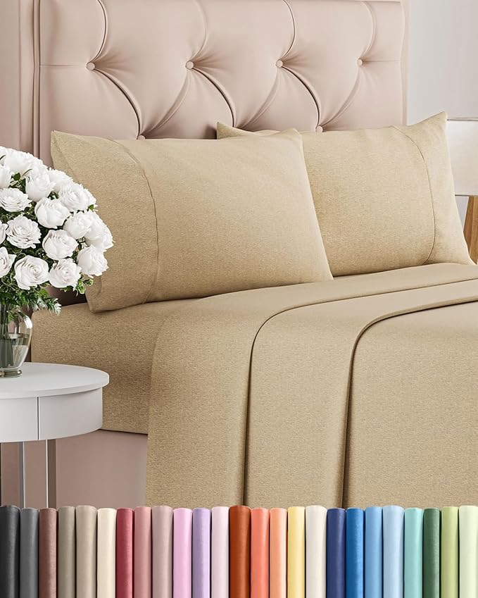 Full Size 4 Piece Sheet Set - Comfy Breathable & Cooling Bed Sheets Set - Hotel Luxury Bedding for Women, Men, Kids, Teens, Boys & Girls - Deep Pockets, Soft & Wrinkle Free - Tan (Heathered Sheets)