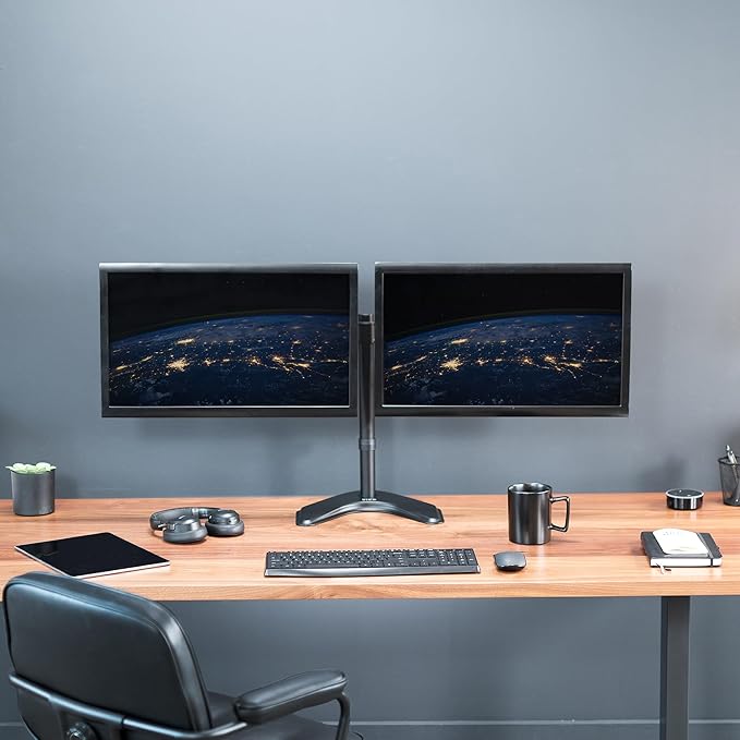 VIVO STAND-V002F Dual LED LCD Monitor Free-Standing Desk Stand for 2 Screens up to 27 Inch Heavy-Duty Fully Adjustable Arms with Max VESA 100x100mm