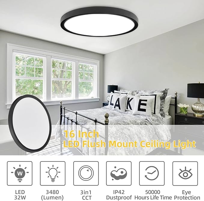 RLEDPZTX Led Flush Mount Ceiling Light,16 Inch 32w 3480lm,3000k/4000k/6000k 3CCT Selectable, Round Modern Flat Panel Super Slim Led Ceiling Light,for Living Dining Kitchen Bedroom Room (1Pack-Black)
